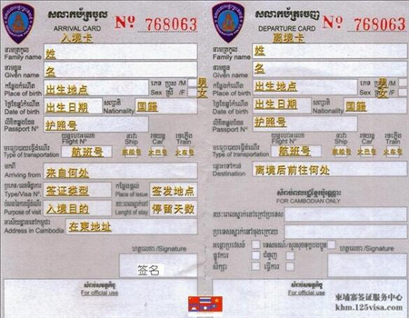 柬埔寨出入境卡反面样本