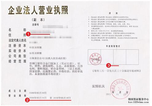 韩国签证营业执照副本复印件模板