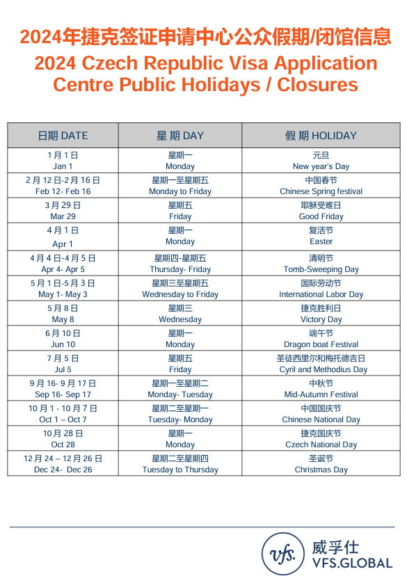2024年捷克签证申请中心公众假期/闭馆时间信息安排